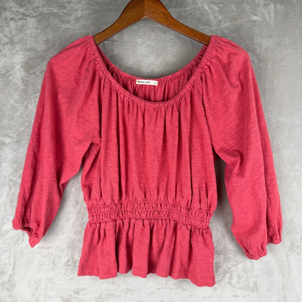 Marine Layer Women Coral Pink Smocked Waist‎ Peplum Top Small 3/4 Sleeve